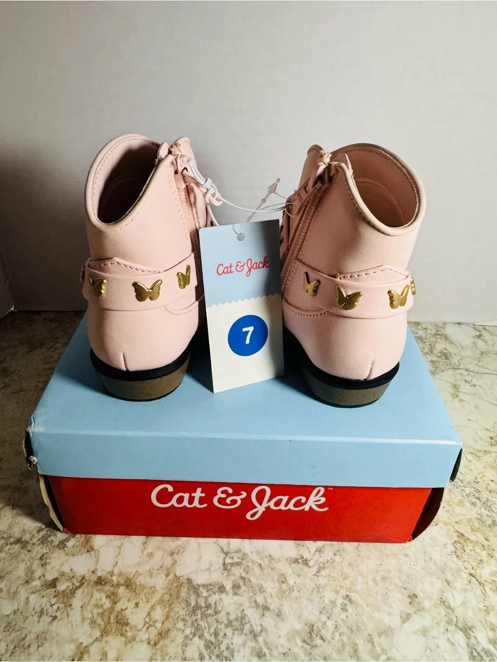 Cat & Jack Pink Girls' Butterfly Strap Ankle Boots Sz 7